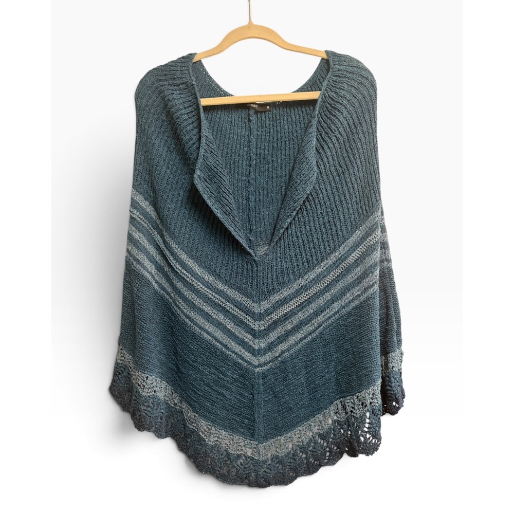 Vertigo Boho Crochet Trim Chevron Teal Poncho Sweater Lace Scalloped Hem Medium